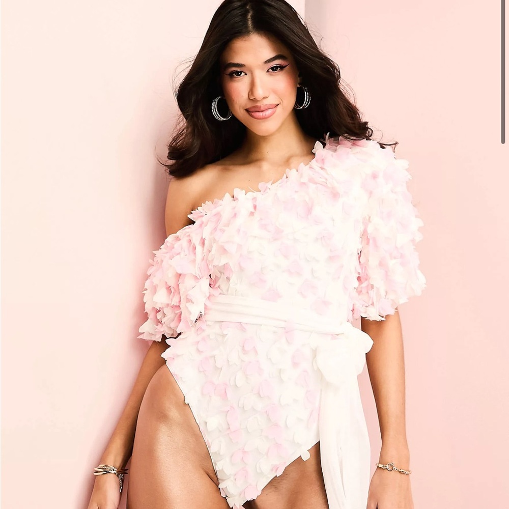 NWT ASOS LUXE 3D floral one-shoulder tie waist swimsuit size 12 (L)